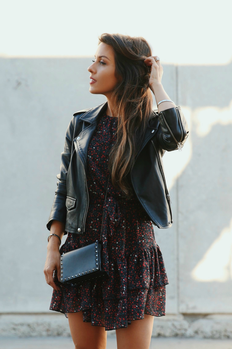 dress with leather jacket
