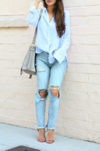 striped button down top and distressed skinny jeans