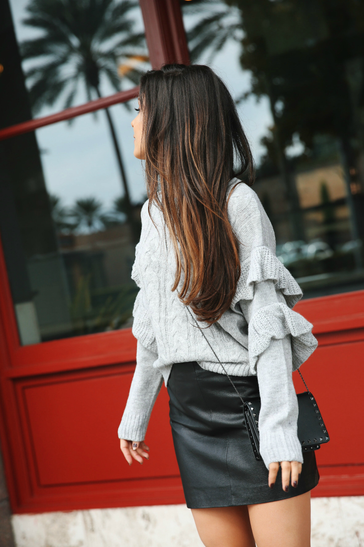 ruffle sweater leather skirt