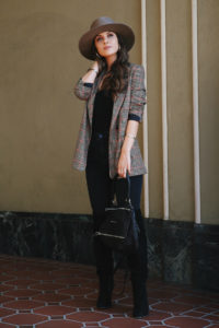 plaid annie bing blazer over the knee boots janessa leone hat